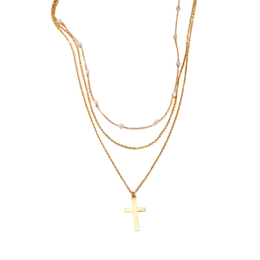 Luminous Layers Pearl & Cross Necklace