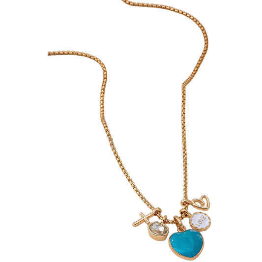 Turquoise Heart Charm Cluster Necklace