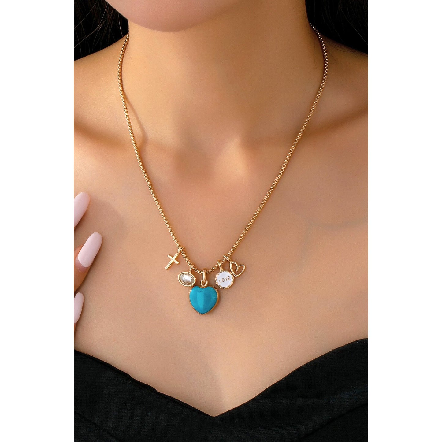 Turquoise Heart Charm Cluster Necklace