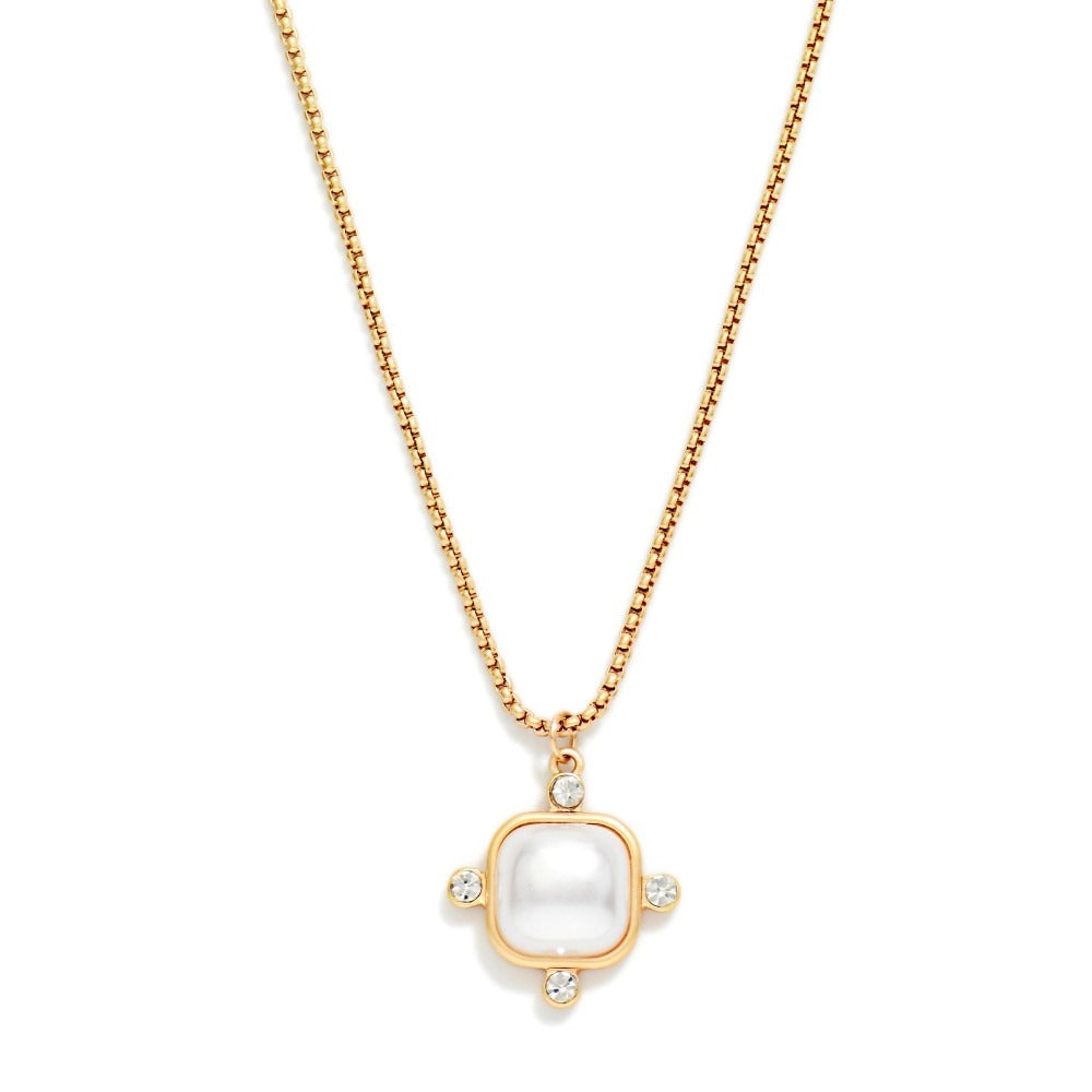 Square Link Chain Pearl & Rhinestone Pendant Necklace