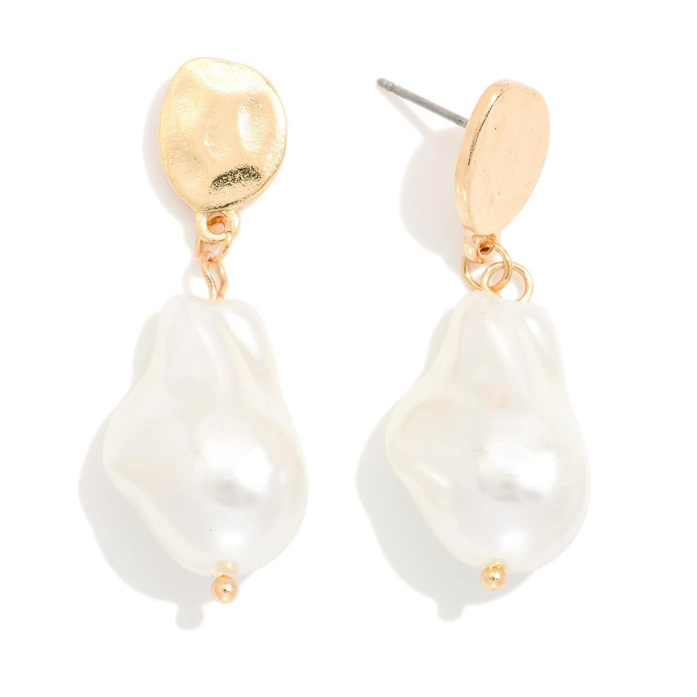 Hammered Metal & Pearl Drop Earrings