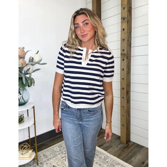 Relaxed-fit sweater with center-split-neckline and striped, Split Haven Striped Sweater