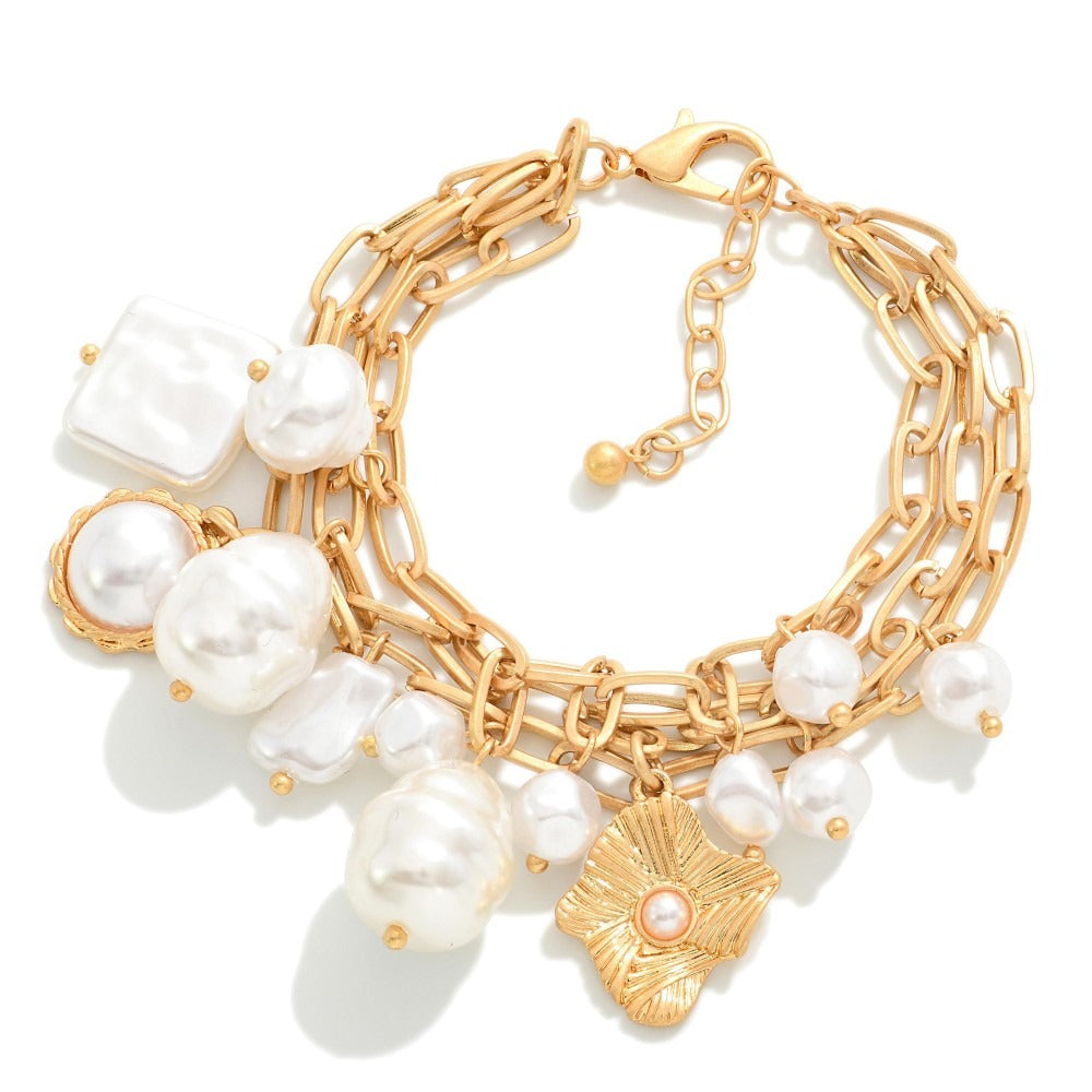Ariel Layered Chain Link Bracelet with Pearl Charms