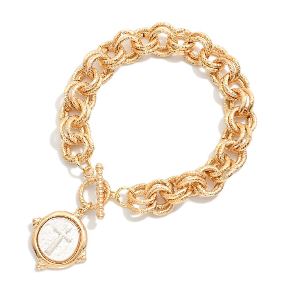 Double Link Chain Bracelet with Hammered Cross Charm