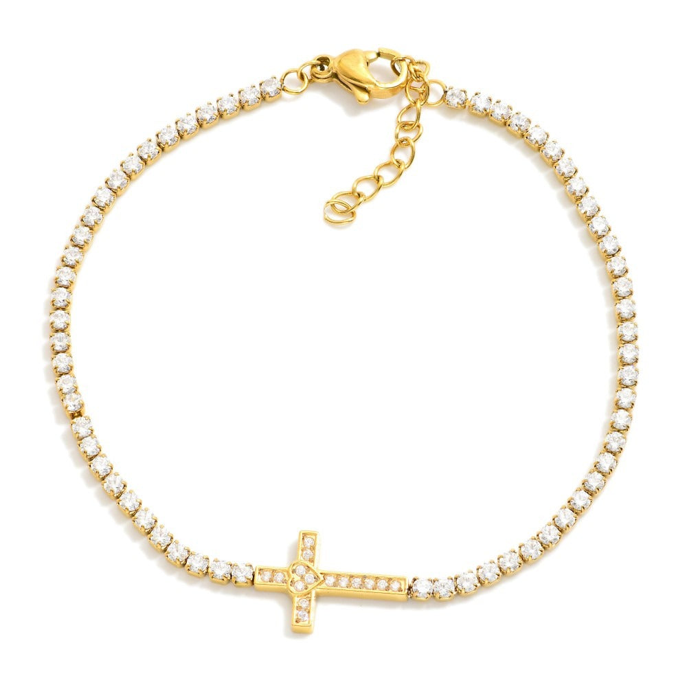 Rhinestone Tennis Bracelet Featuring East West Cross Detail