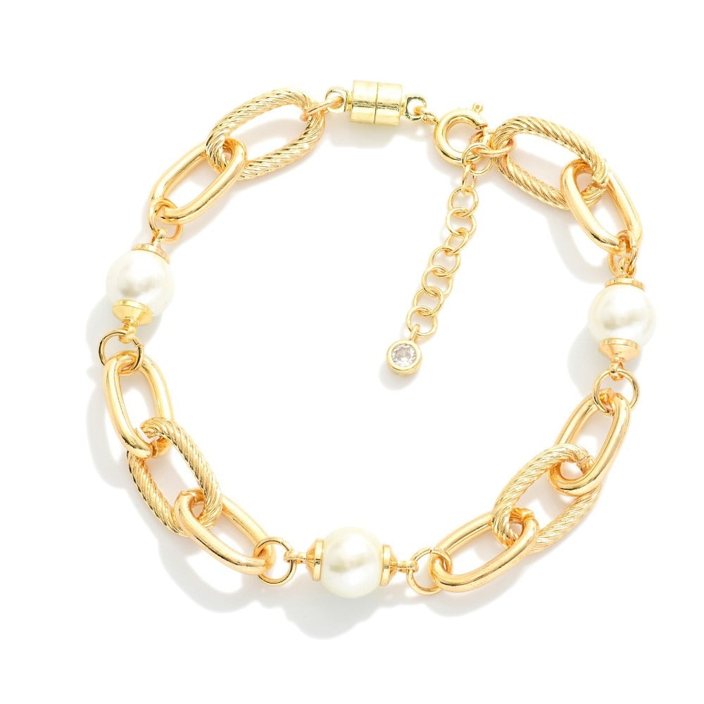 Magnetic Chain Link Bracelet Featuring Pearl Stations