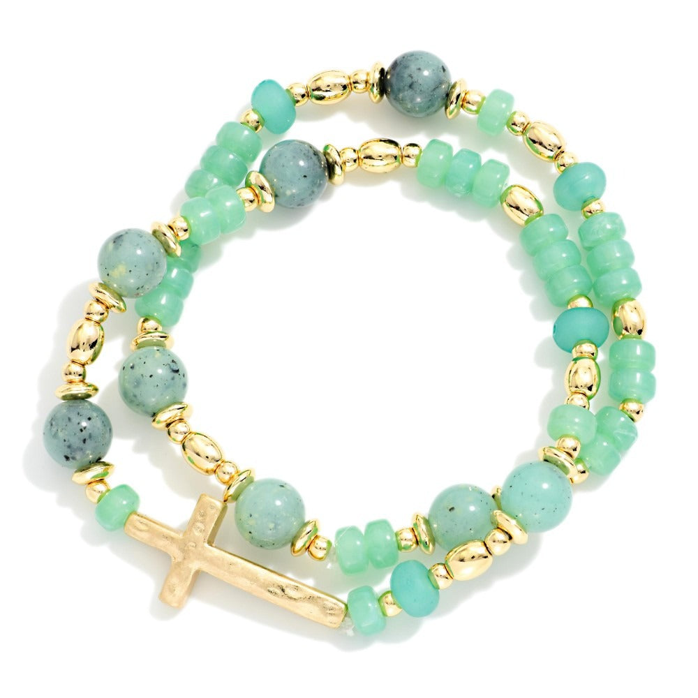 Stone Bead Bracelet Set with East West Cross