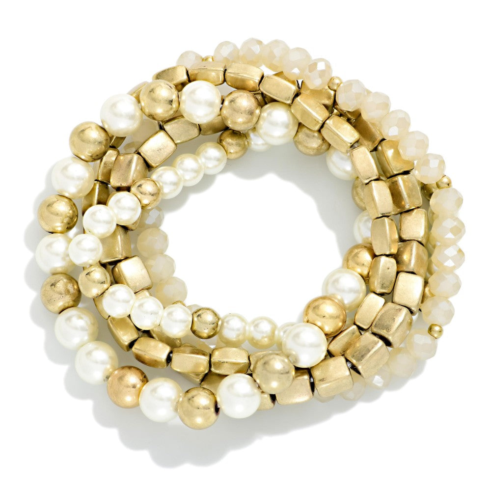 Beaded bracelet with stretch design and metal-tone, Mixed Metal Bead Bracelet Set