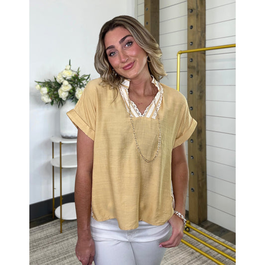 V-neck top with lace and lace trim, American Honey Top