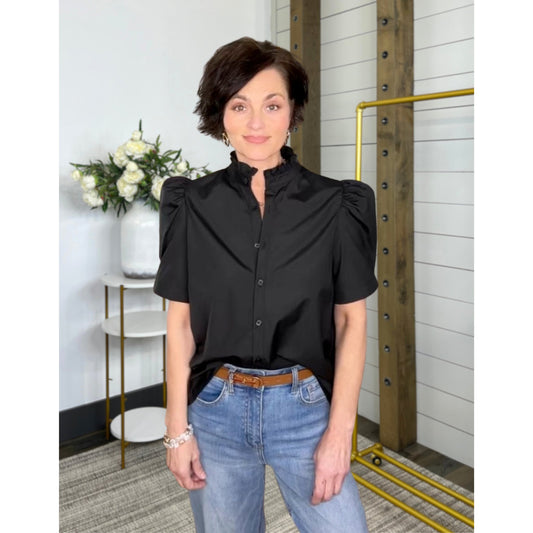 Black top with puff-sleeve and ruffled, Know The Story Solid Top