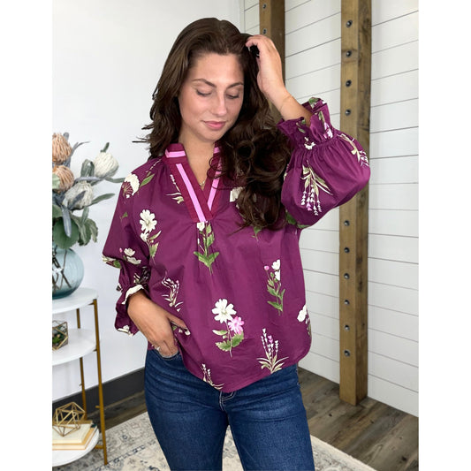 Floral top with V-neck and contrast trim, Plum Perfect Floral Top