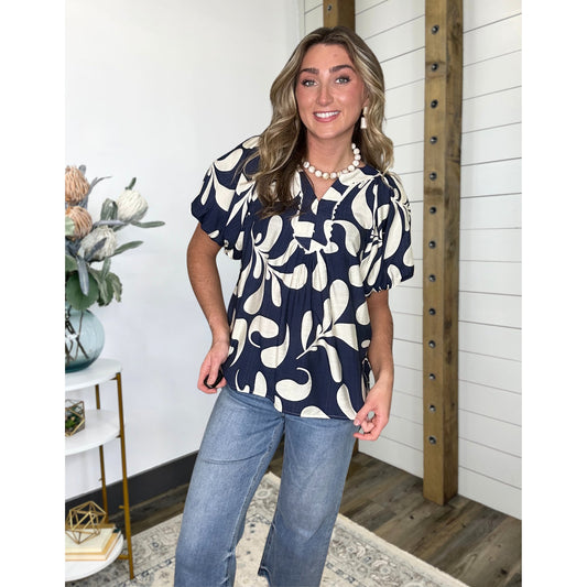 Black top with floral and balloon-sleeve, Navy Whisper Floral Slit Neck Blouse