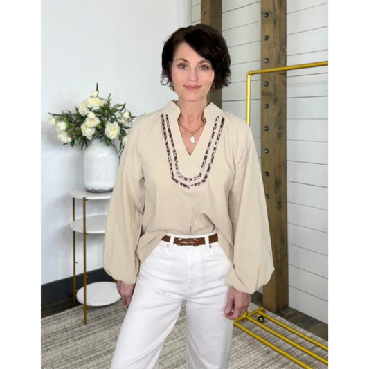 Leopard-print top with 100% cotton and balloon-sleeve, Savannah Trim Top