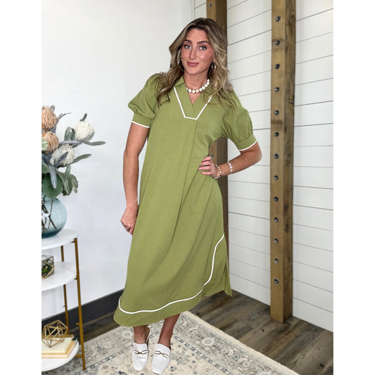 Black dress with midi-length and ivory, Seersucker Midi Dress