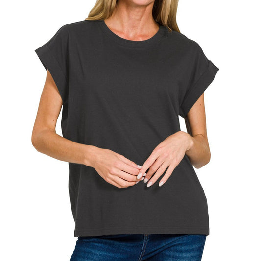 Short-sleeve top finished with 100% cotton and black, Soft Cotton Relaxed Crew Neck Tee