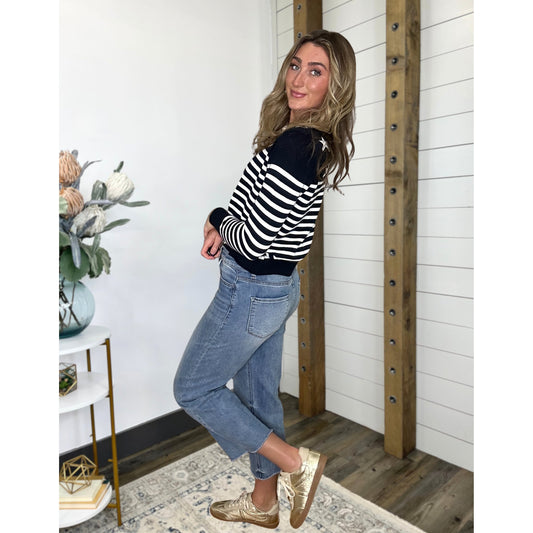 Black sweater with knit and navy, Stars & Stripes Relaxed Knit Sweater