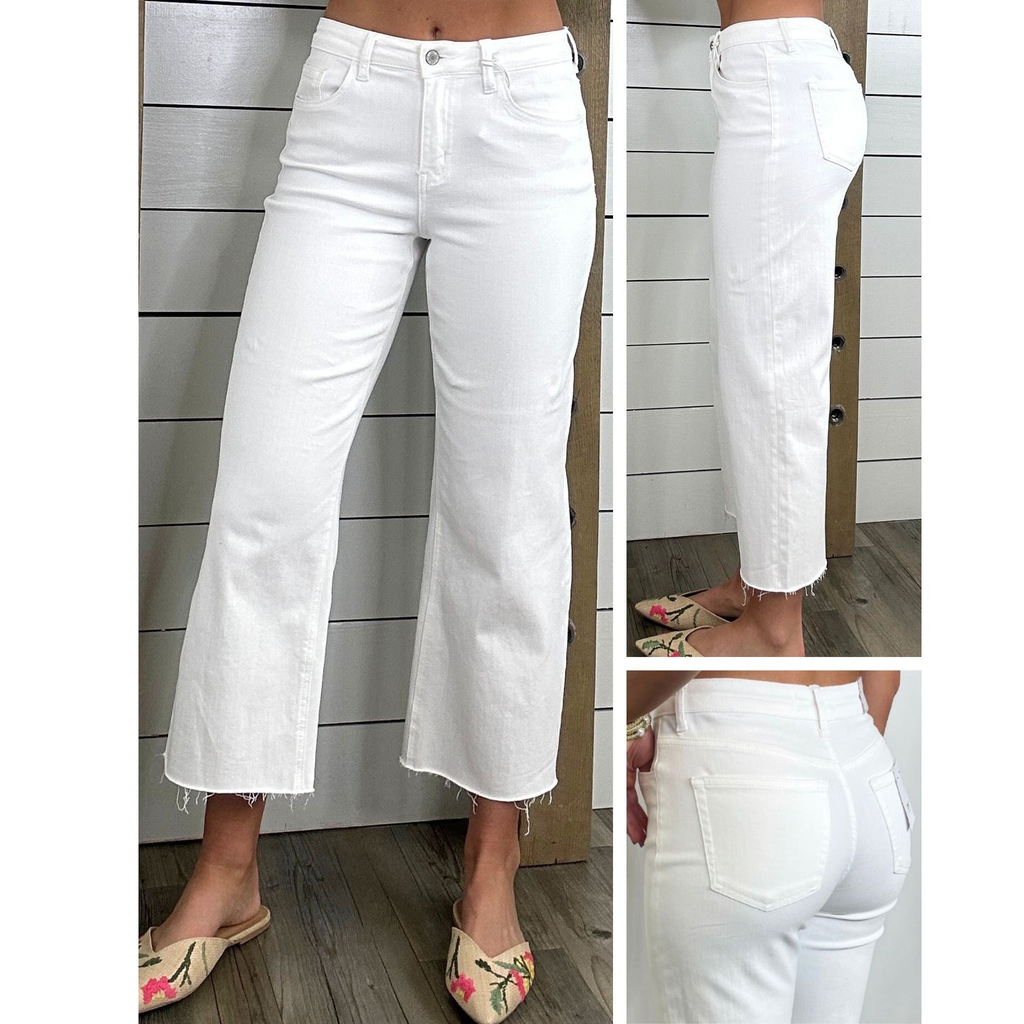 Wide-leg denim featuring stretch fabric and raw-hem, Debbie's Sister Wide Leg Crop Denim