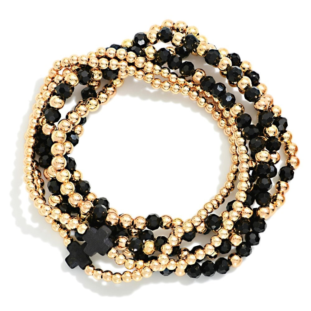 Stretch design bracelet with faceted beads and cross detail, Cross Station Bracelet Set
