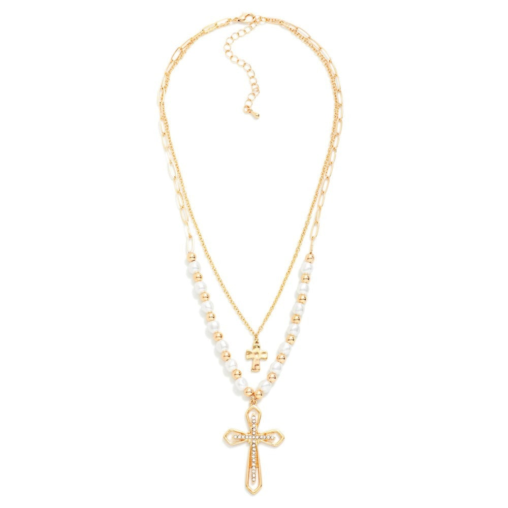 Layered Pearl Cross Necklace