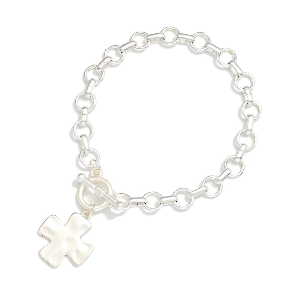 Black bracelet with hammered and cross-pendant, Hammered Cross Charm Chain Link Bracelet