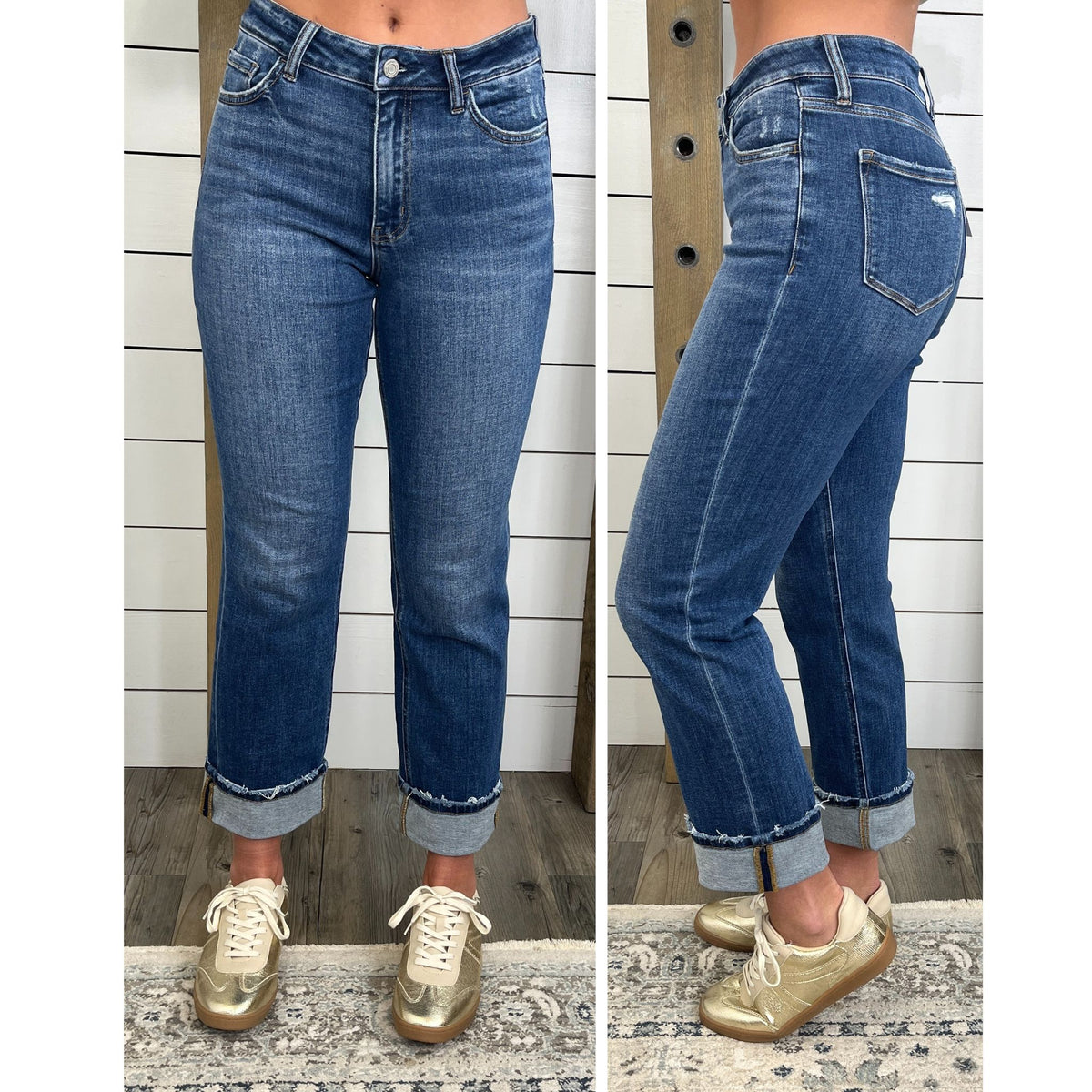 Straight-leg denim finished with relaxed-fit and stretch fabric, Effortless Edge Cuffed Straight Jeans
