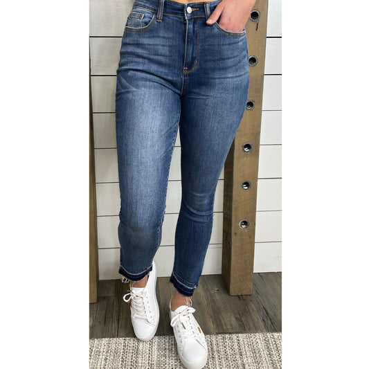 Stretch fabric denim with side slits and high-rise, Kelsey Released Hem Side Slit Skinny Denim-Judy Blue