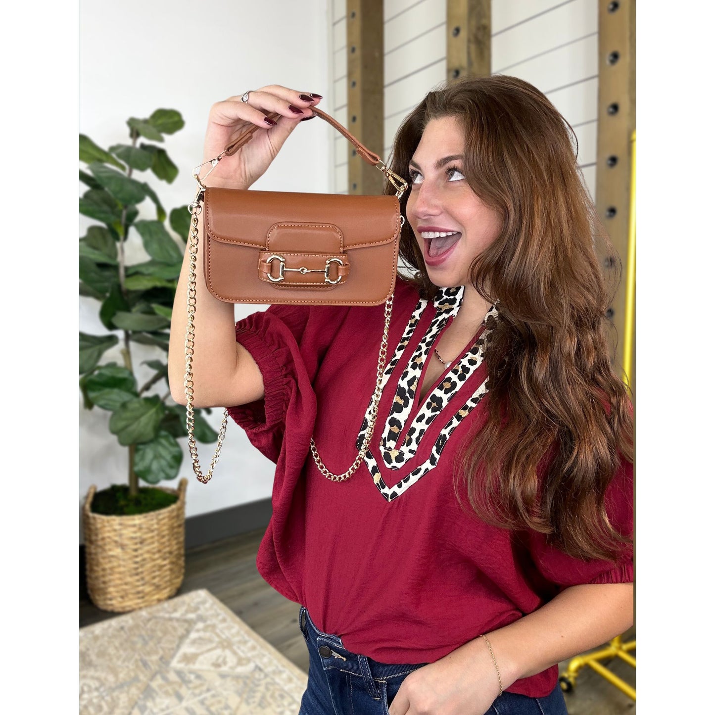Shoulder strap bag finished with vegan leather and foldover flap, Horsebit handbag