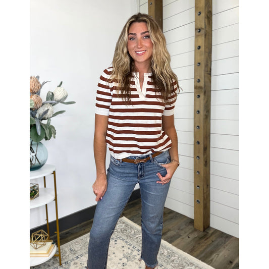 Knit sweater — relaxed-fit and center-split-neckline, Split Haven Striped Sweater