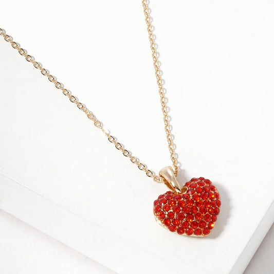 Puffy Pave Rhinestone Heart Pendant Necklace