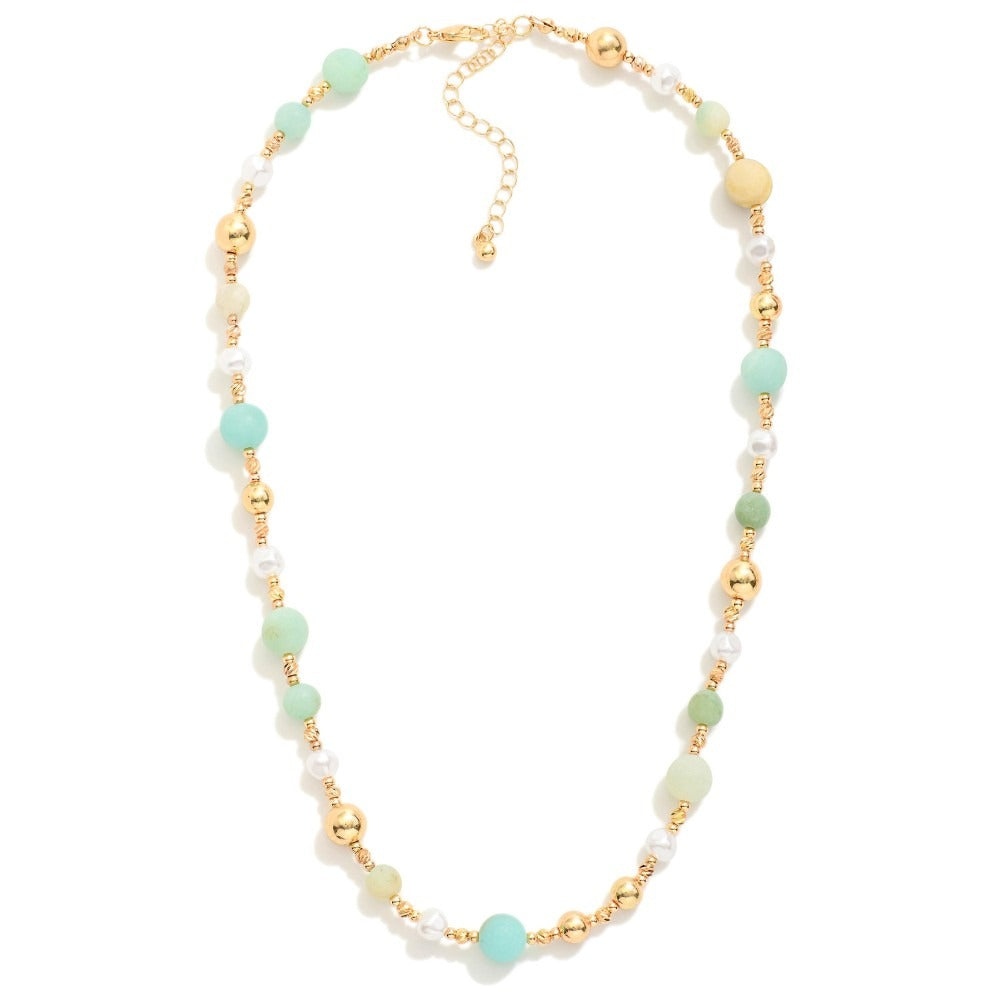 Beaded Necklace Featuring Stone, Pearl, and Metal Tones
