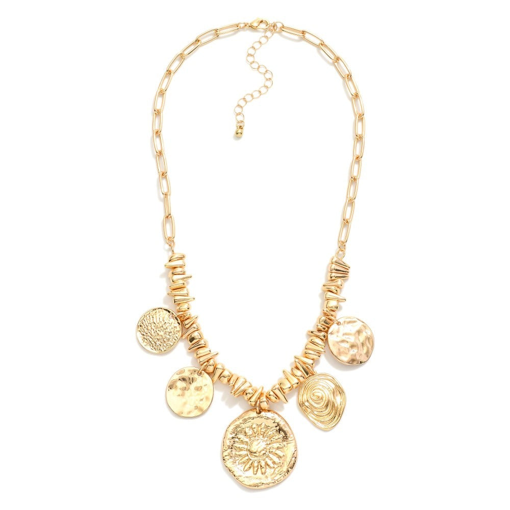 Paperclip Chain Link Pendent Necklace w/Metal Tone Beads And Metal Tone Coins
