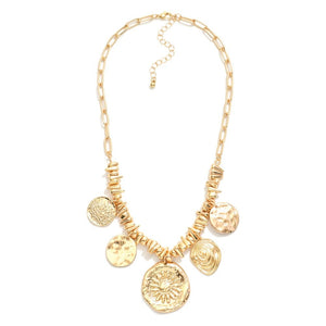 Paperclip Chain Link Pendent Necklace w/Metal Tone Beads And Metal Tone Coins