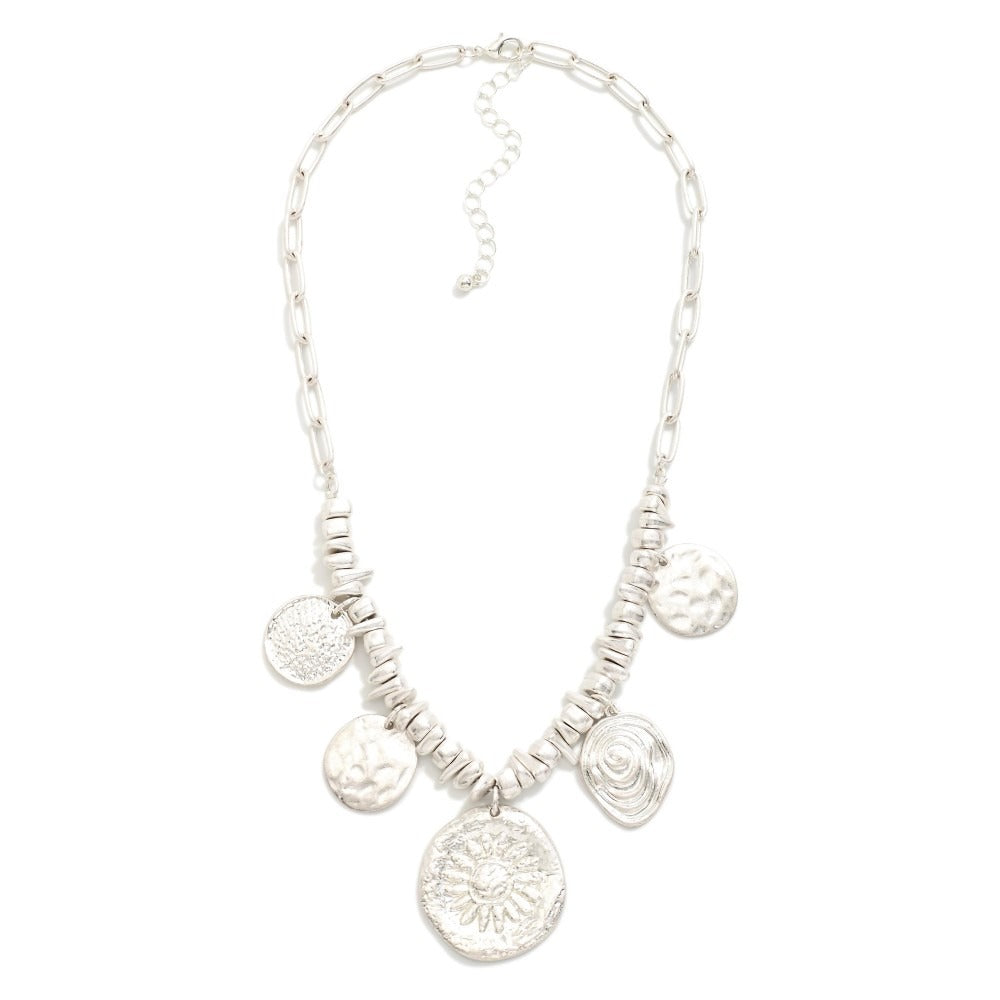 Paperclip Chain Link Pendent Necklace w/Metal Tone Beads And Metal Tone Coins