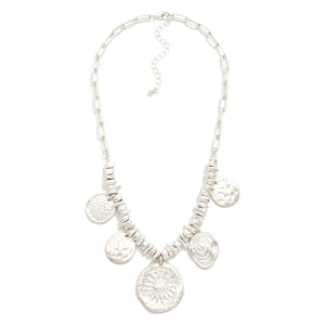 Paperclip Chain Link Pendent Necklace w/Metal Tone Beads And Metal Tone Coins