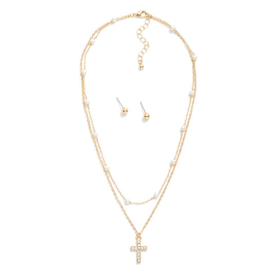 Layered Rhinestone Cross Pendant Necklace