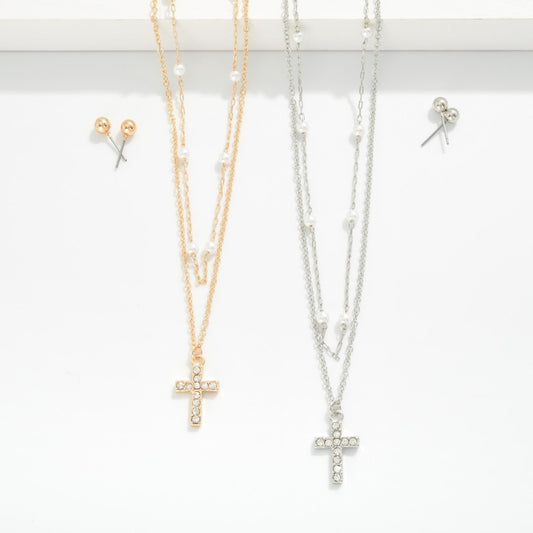 Layered Rhinestone Cross Pendant Necklace