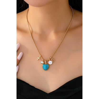 Turquoise Heart Charm Cluster Necklace
