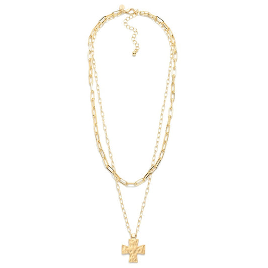Paperclip Chain Link Necklace w/Hammered Cross Pendant