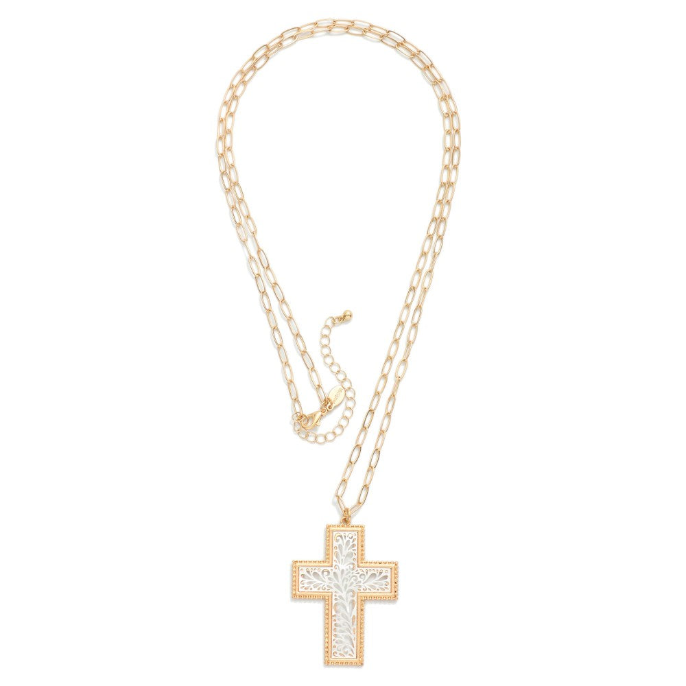 Paperclip Chain Filigree Cross Necklace