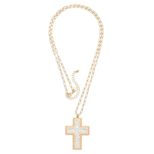 Paperclip Chain Filigree Cross Necklace