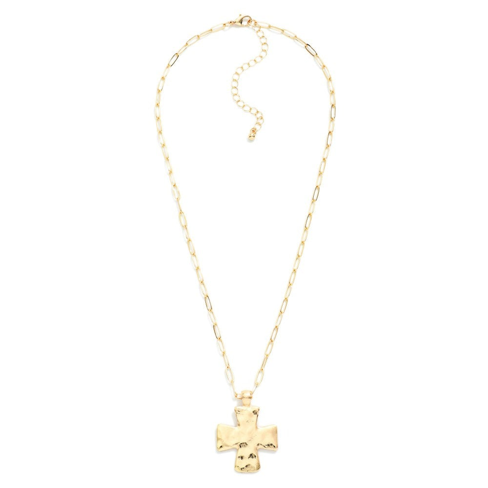Paperclip Chain Link Necklace Featuring Hammered Metal Cross Pendant