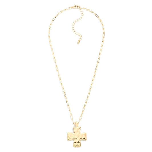 Paperclip Chain Link Necklace Featuring Hammered Metal Cross Pendant