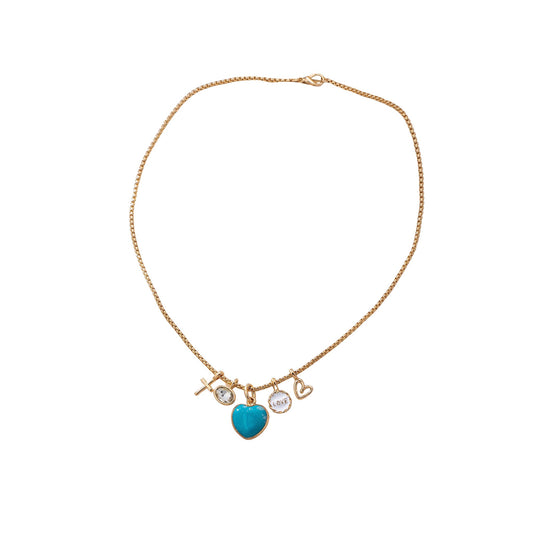Turquoise Heart Charm Cluster Necklace