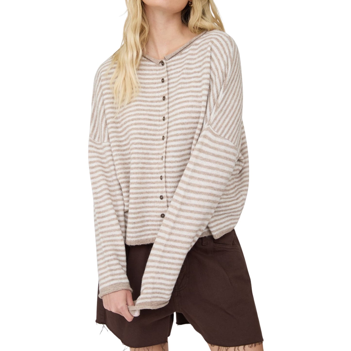 Raw Edge Striped Button-Down Sweater