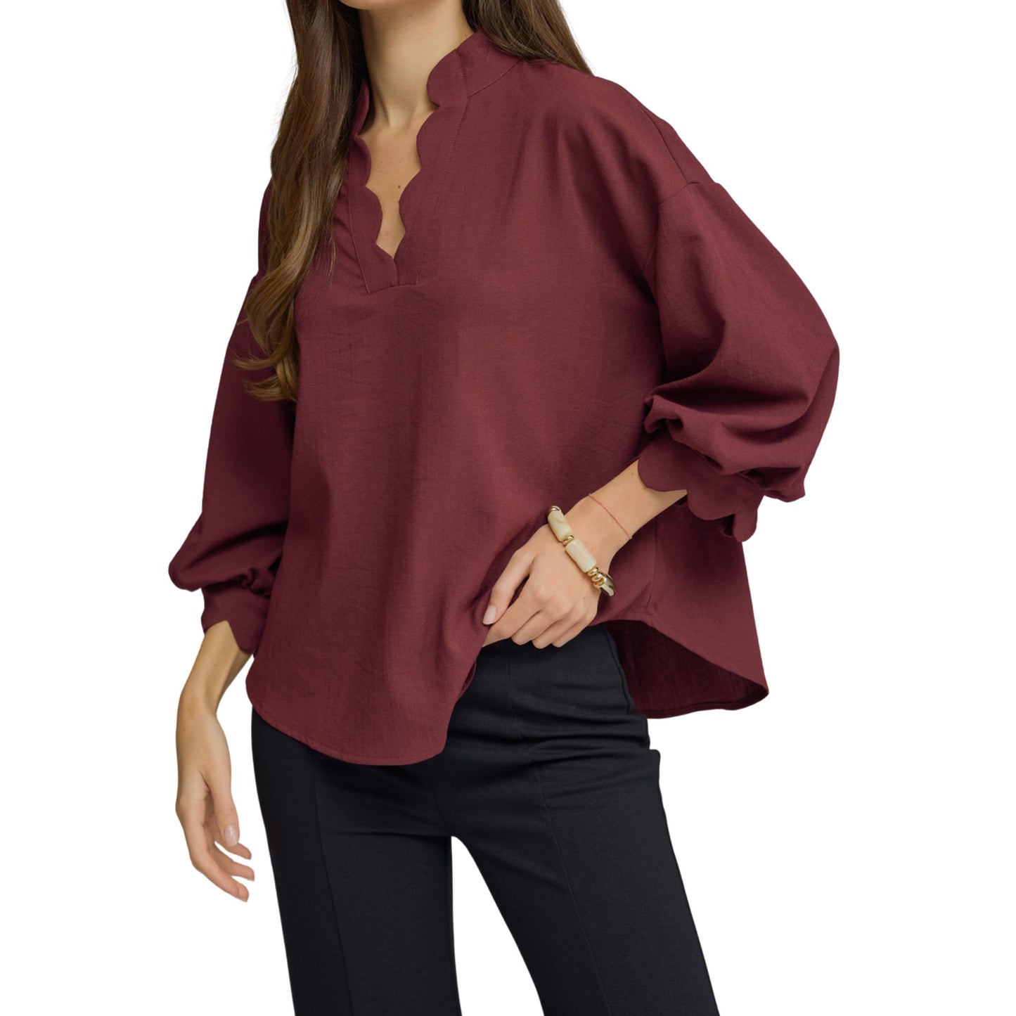 Scalloped Balloon Sleeve Blouse