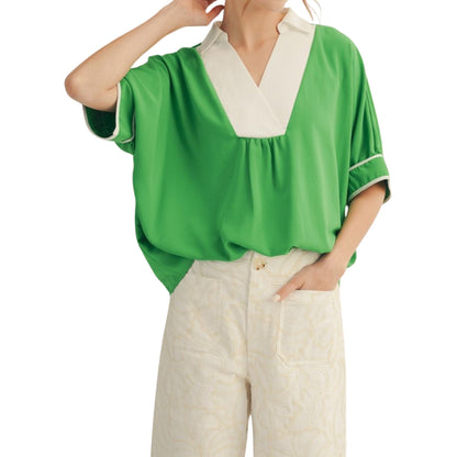 Drop Shoulder Crinkle Top with Color Contrast