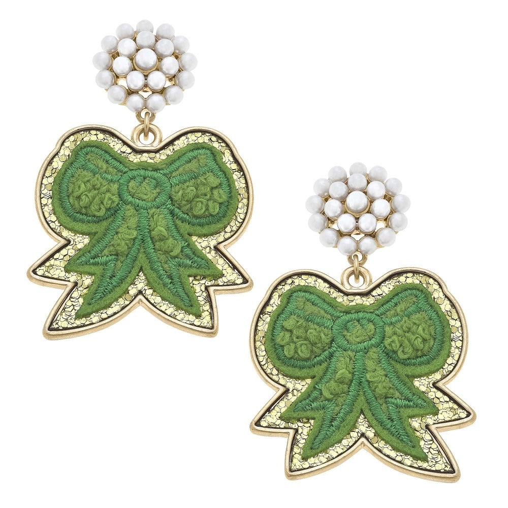 Cluster Pearl And Glitter Bow Patch Drop Earrings