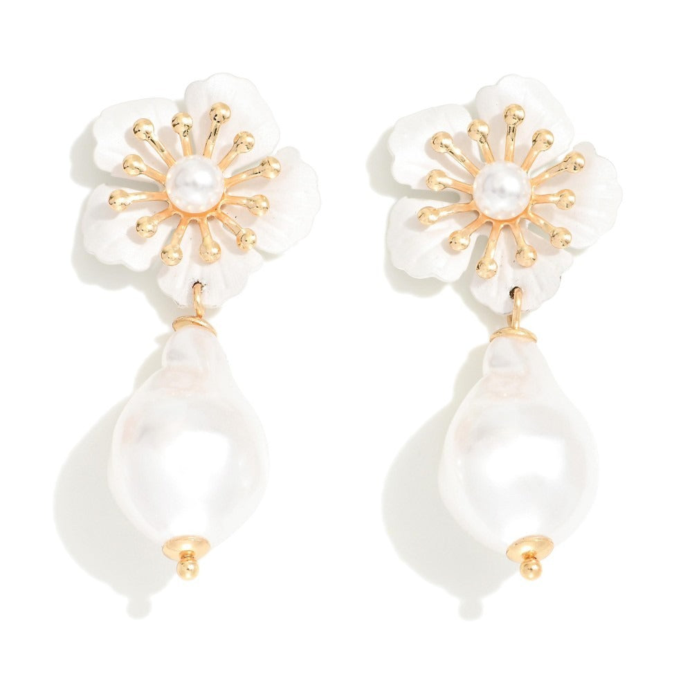 Flower and Linked Pearl Charm Drop Earrings