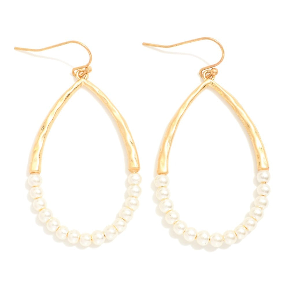 Hammered Metal and Pearl Beaded Teardrop Earrings