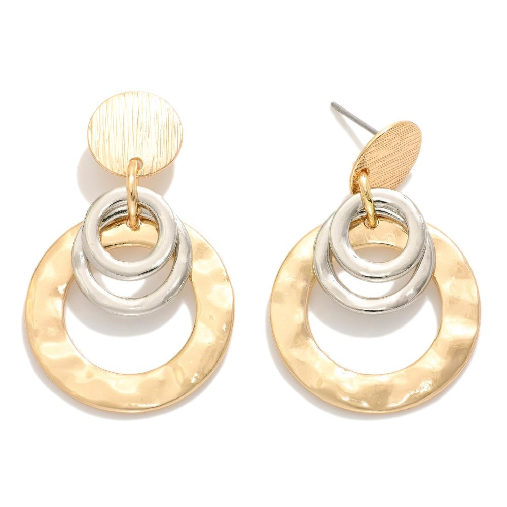 Metal Tone Linked Textured Circle Post Drop Earrings With Ring Detailing